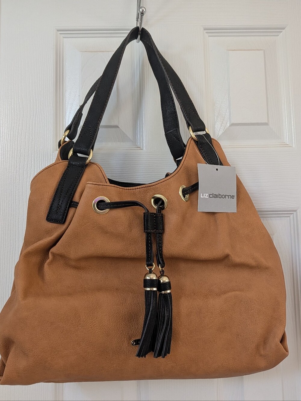 Liz Claiborne Tan with Black Trim Drawstring Tassel Shoulder Bag